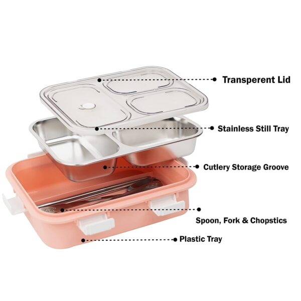 3 COMPARTMENT Steel LUNCH BOX with Fork ,Chopstick & Spoon (Pink) - Image 4