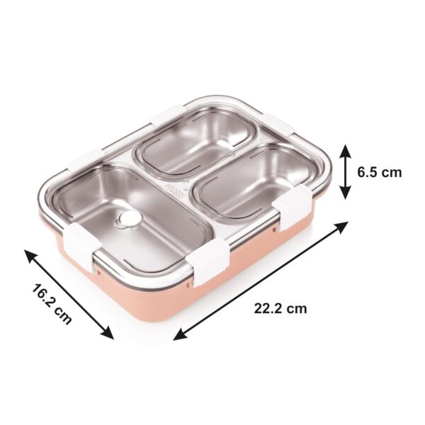 3 COMPARTMENT Steel LUNCH BOX with Fork ,Chopstick & Spoon (Pink) - Image 3