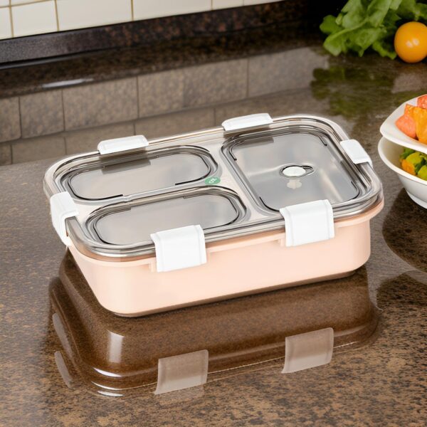 3 COMPARTMENT Steel LUNCH BOX with Fork ,Chopstick & Spoon (Pink) - Image 2