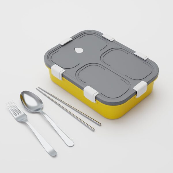 Stainless Steel Lunch Box with Fork, Chopstick & Spoon(Yellow)
