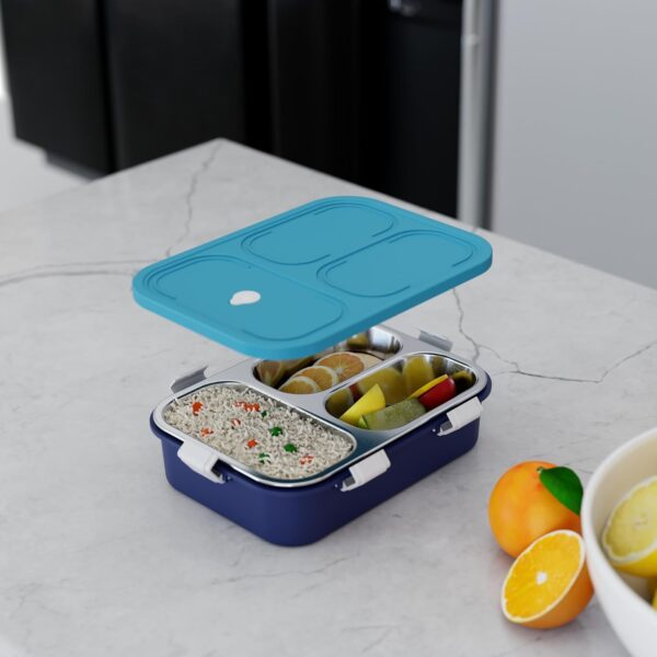 Stainless Steel Lunch Box with Fork, Chopstick & Spoon(Blue) - Image 3