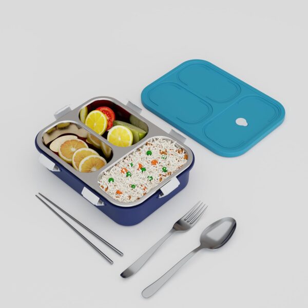 Stainless Steel Lunch Box with Fork, Chopstick & Spoon(Blue)