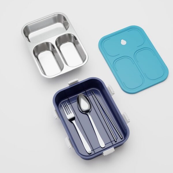 Stainless Steel Lunch Box with Fork, Chopstick & Spoon(Blue) - Image 4