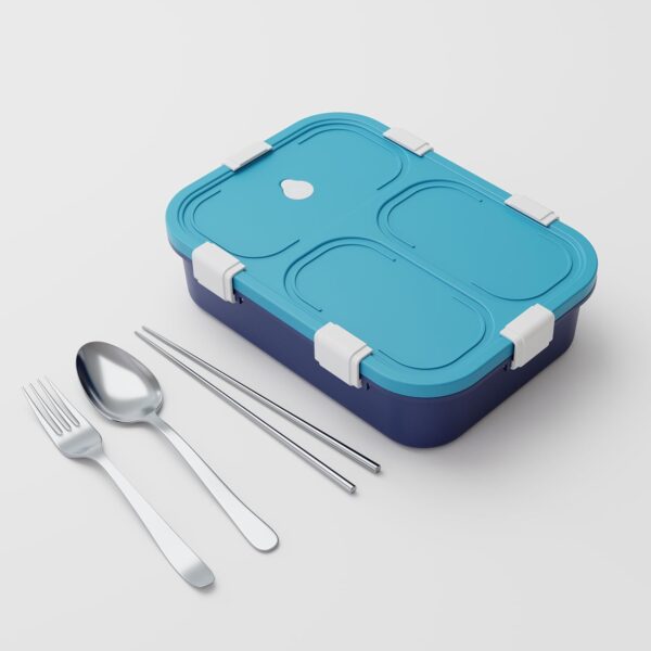 Stainless Steel Lunch Box with Fork, Chopstick & Spoon(Blue) - Image 2