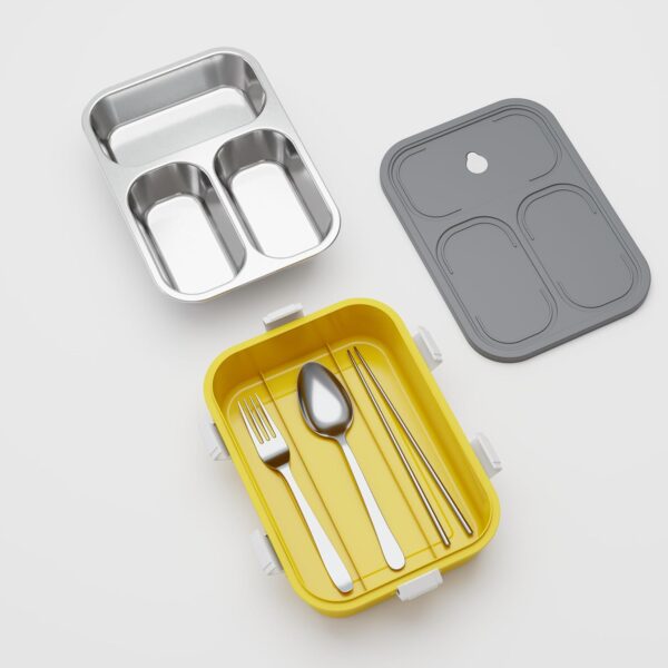 Stainless Steel Lunch Box with Fork, Chopstick & Spoon(Yellow) - Image 2