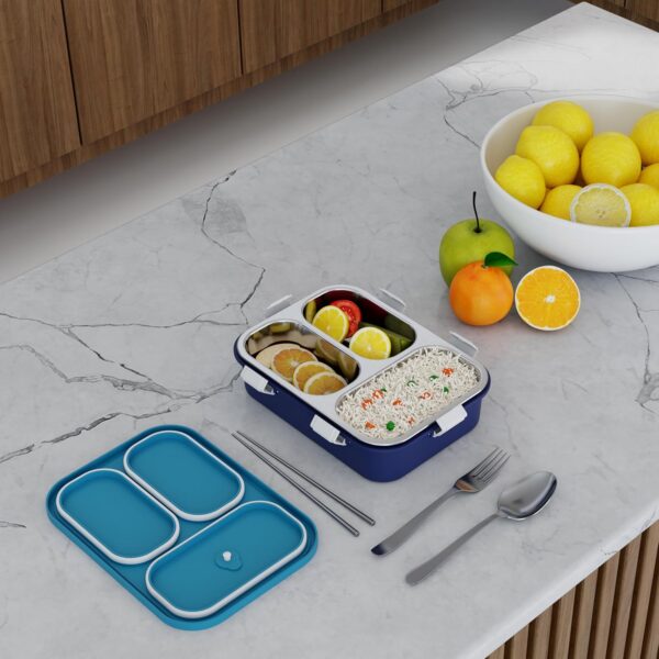 Stainless Steel Lunch Box with Fork, Chopstick & Spoon(Blue) - Image 5