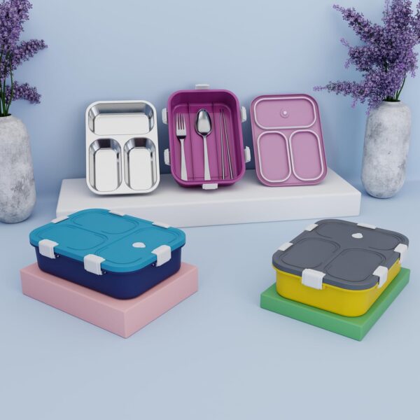 Stainless Steel Lunch Box with Fork, Chopstick & Spoon(Yellow) - Image 5