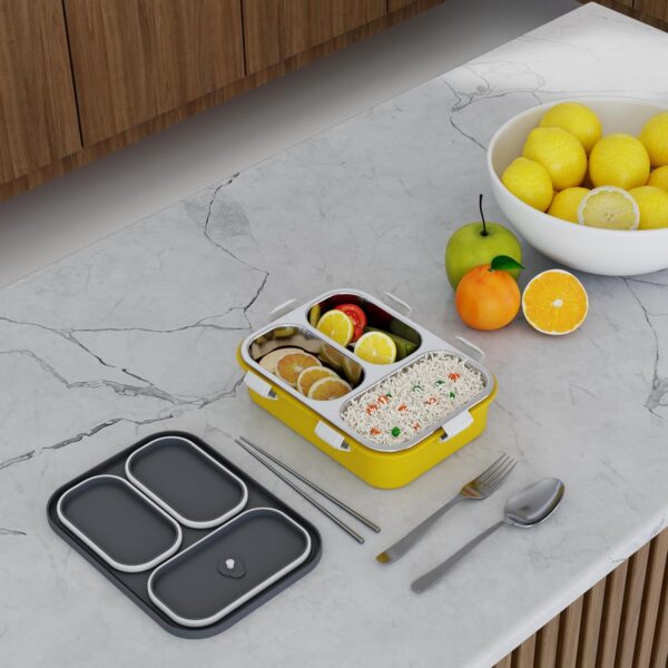 Stainless Steel Lunch Box with Fork, Chopstick & Spoon(Yellow) - Image 4