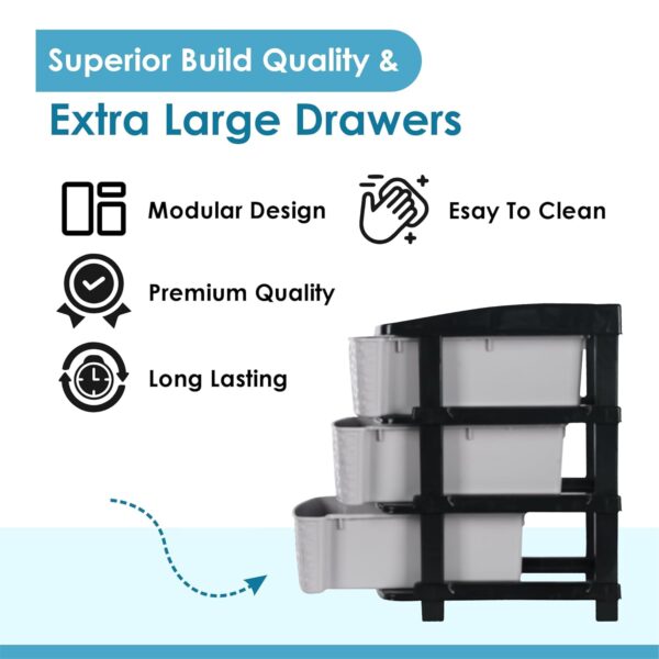3-Tier Multipurpose Plastic Drawer Storage Organizer (Black & Grey) - Image 4
