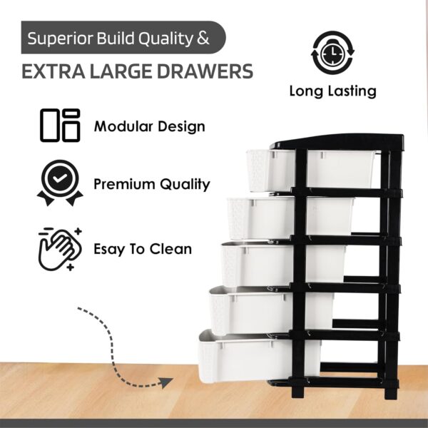 5-Tier Multipurpose Plastic Drawer Storage Organizer (Black & White) - Image 5