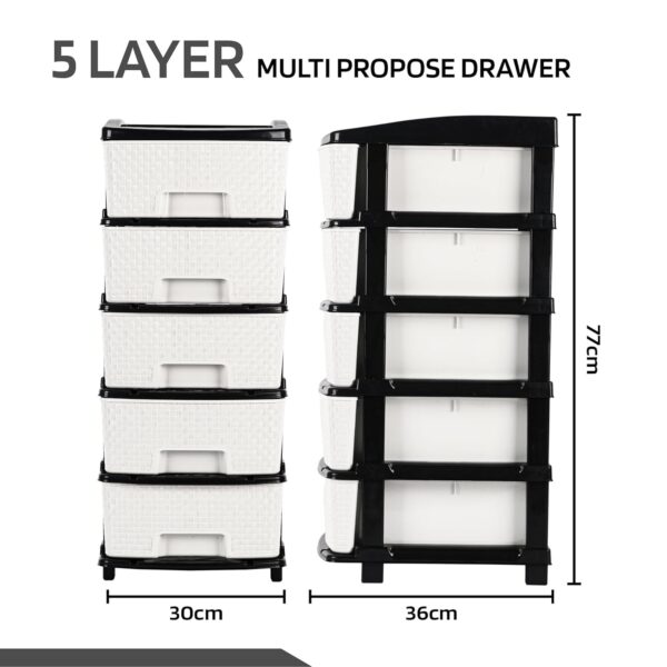 5-Tier Multipurpose Plastic Drawer Storage Organizer (Black & White) - Image 6