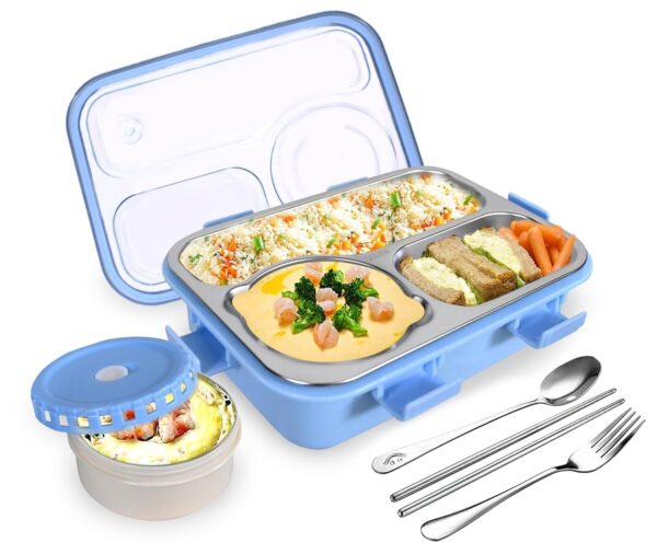 3-Com. Stainless Steel Lunch Box with Cutlery & Soup Container – Blue