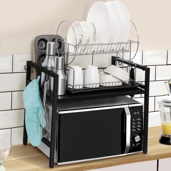 1-Tier Microwave Oven Rack with Storage Shelf and Hooks-Black