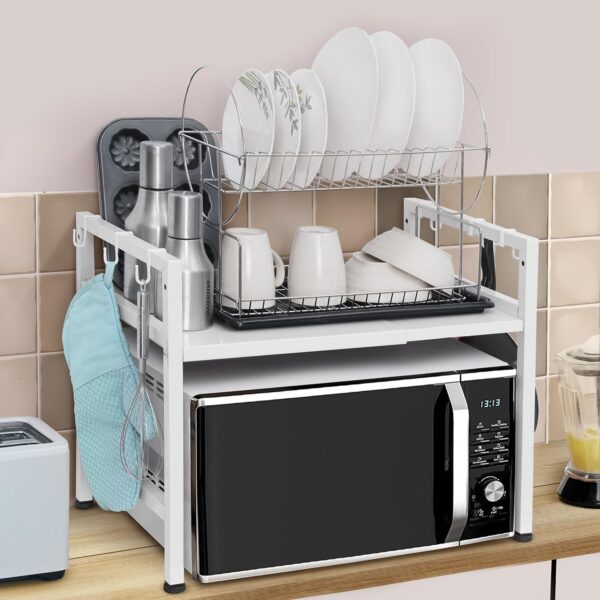 1-Tier Microwave Oven Rack with Storage Shelf and Hooks-White
