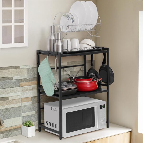 2-Tier Microwave Oven Rack with Storage Shelf and Hooks-Black