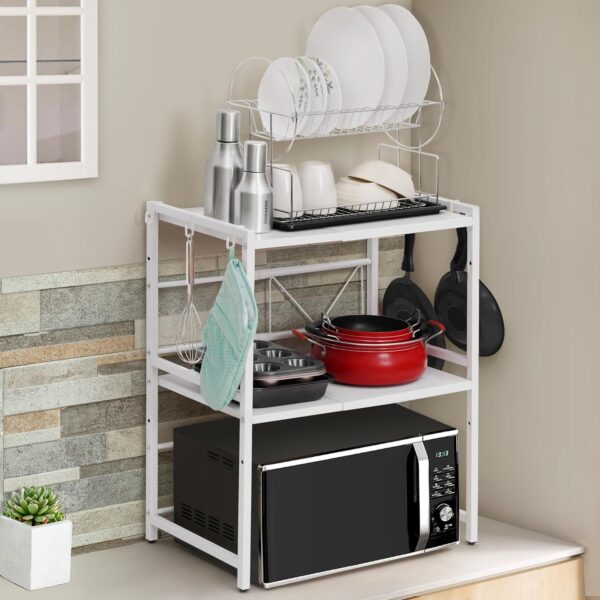 2-Tier Microwave Oven Rack with Storage Shelf and Hooks-White