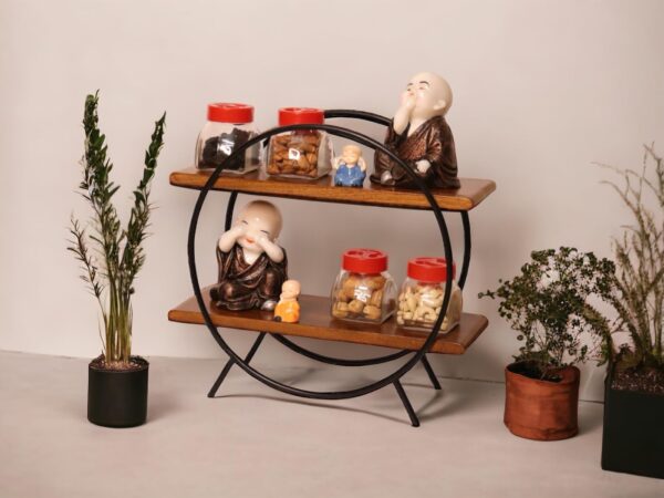 Modern Wooden & Metal 2-Tier Round Shelf - Image 2