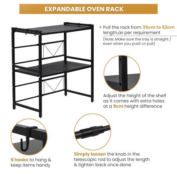 2-Tier Microwave Oven Rack with Storage Shelf and Hooks-Black - Image 3