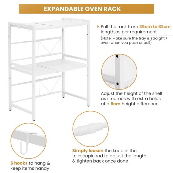 2-Tier Microwave Oven Rack with Storage Shelf and Hooks-White - Image 3