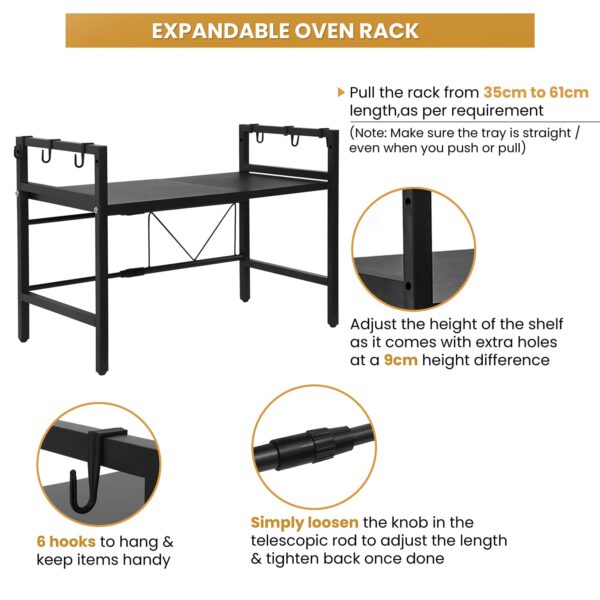 1-Tier Microwave Oven Rack with Storage Shelf and Hooks-Black - Image 3