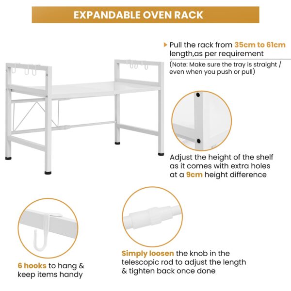 1-Tier Microwave Oven Rack with Storage Shelf and Hooks-White - Image 3