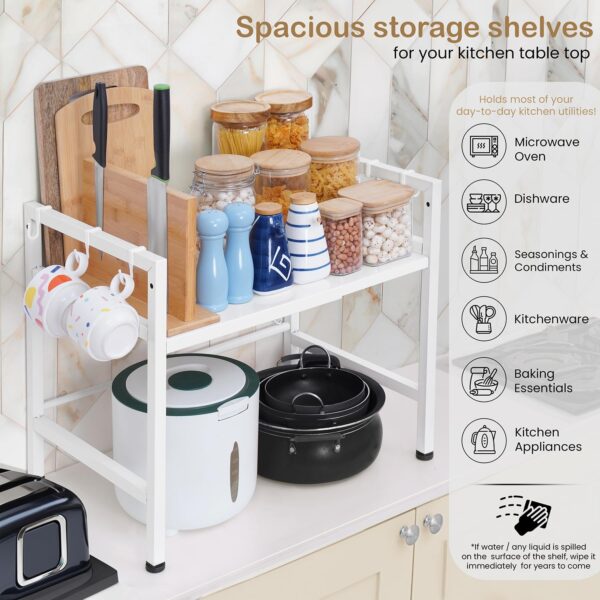 1-Tier Microwave Oven Rack with Storage Shelf and Hooks-White - Image 4