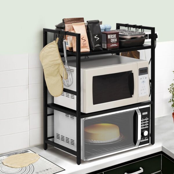 2-Tier Microwave Oven Rack with Storage Shelf and Hooks-Black - Image 4