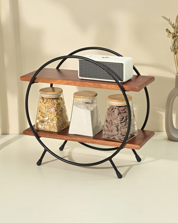 Modern Wooden & Metal 2-Tier Round Shelf - Image 5