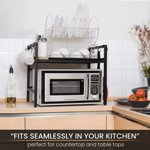 1-Tier Microwave Oven Rack with Storage Shelf and Hooks-Black - Image 4