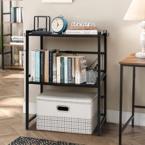 2-Tier Microwave Oven Rack with Storage Shelf and Hooks-Black - Image 5