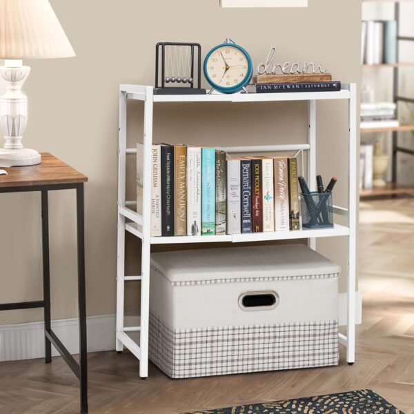 2-Tier Microwave Oven Rack with Storage Shelf and Hooks-White - Image 5