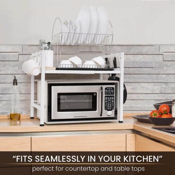 1-Tier Microwave Oven Rack with Storage Shelf and Hooks-White - Image 6