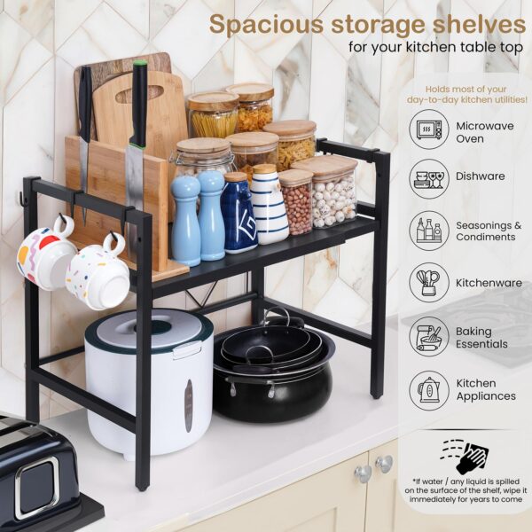 1-Tier Microwave Oven Rack with Storage Shelf and Hooks-Black - Image 6