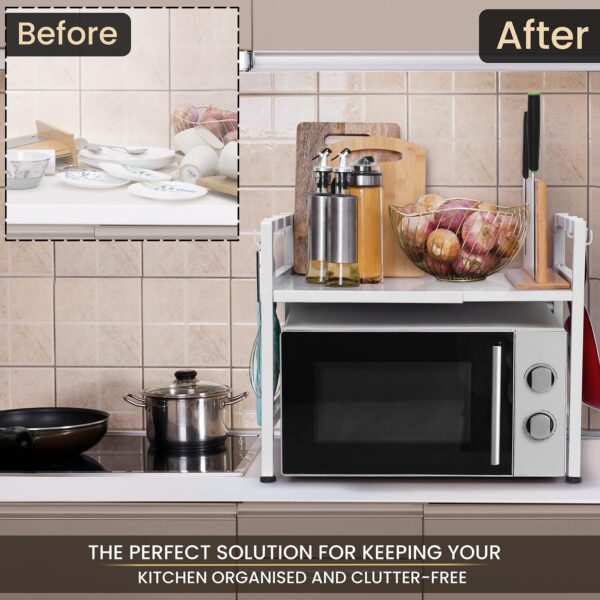1-Tier Microwave Oven Rack with Storage Shelf and Hooks-White - Image 7