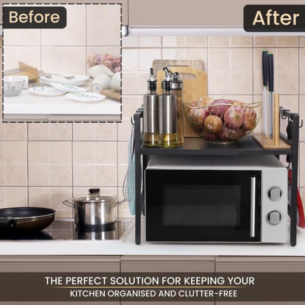 1-Tier Microwave Oven Rack with Storage Shelf and Hooks-Black - Image 7
