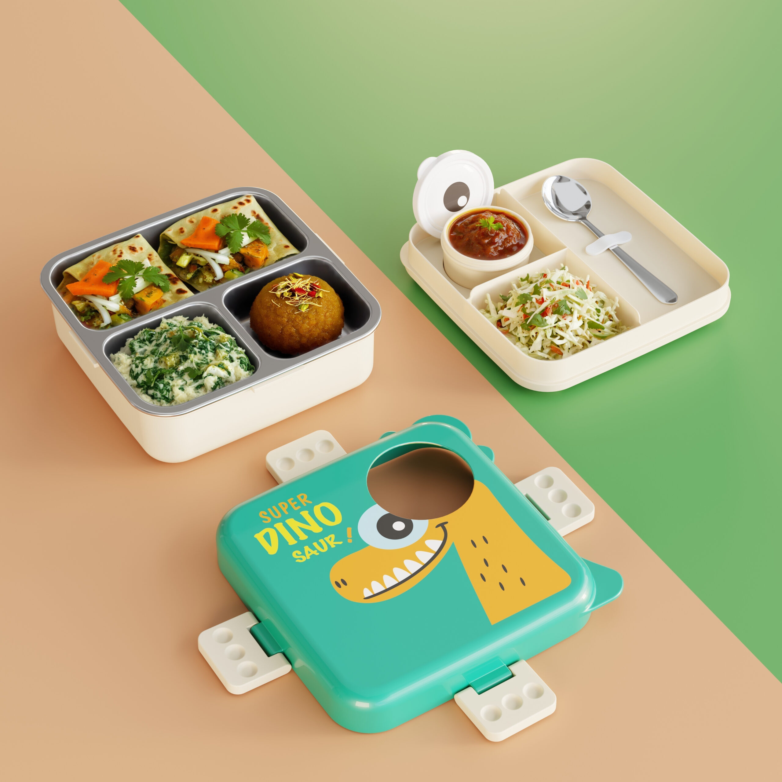 Cartoon Print Lunch box -Green Dinosaur Design - Image 3