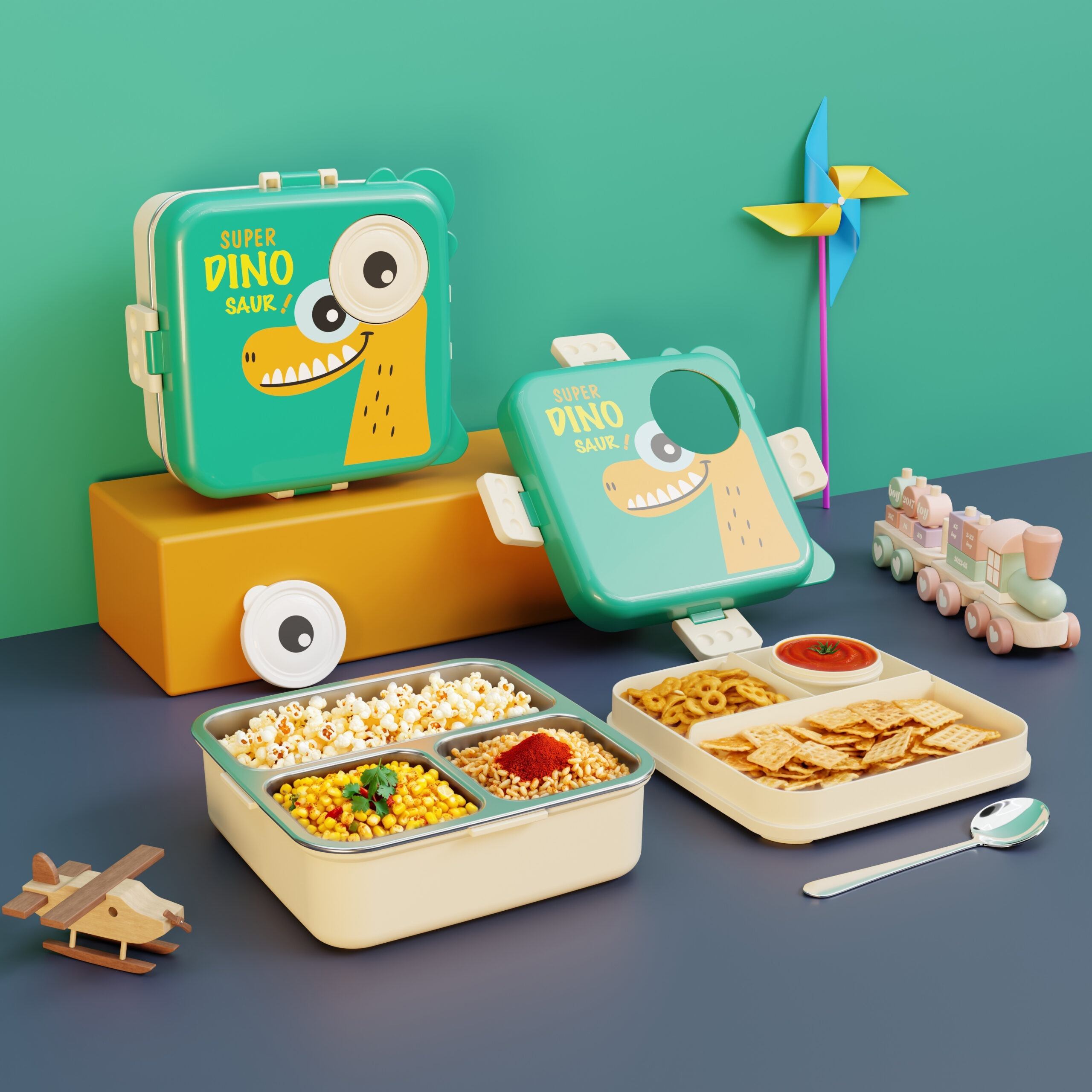 Cartoon Print Lunch box -Green Dinosaur Design - Image 7