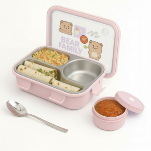 Cute Bear-Themed Kids Stainless Steel Lunch Box – Pink