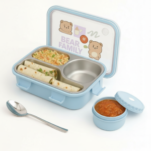 Cute Bear-Themed Kids Stainless Steel Lunch Box – Blue
