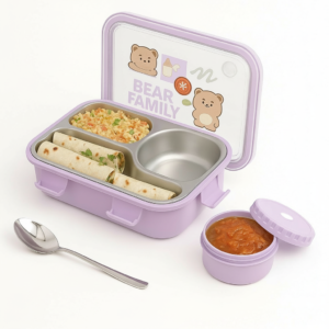 Cute Bear-Themed Kids Stainless Steel Lunch Box - Purple