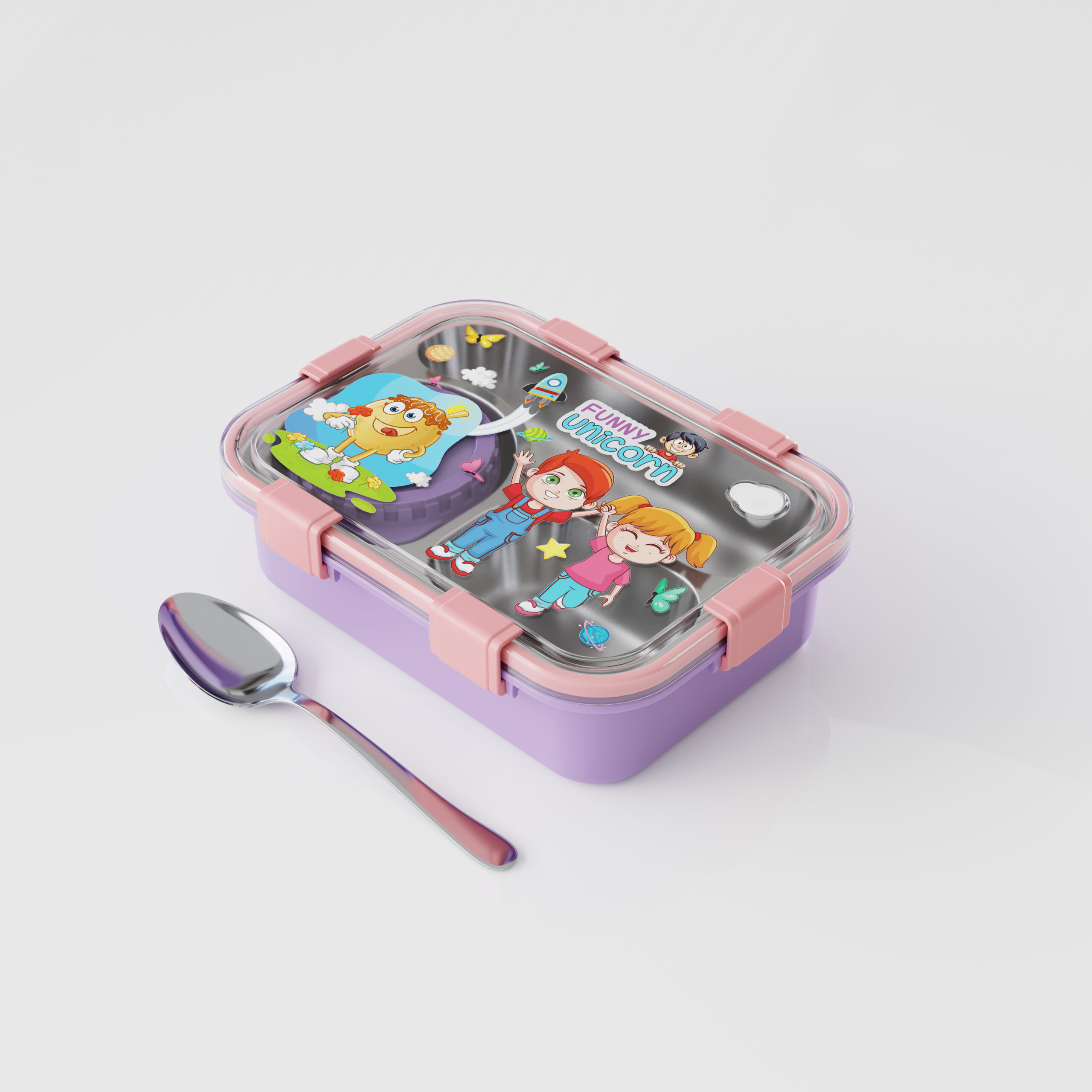 Funny Unicorn Kids Stainless Steel Lunch Box – Purple+Pink
