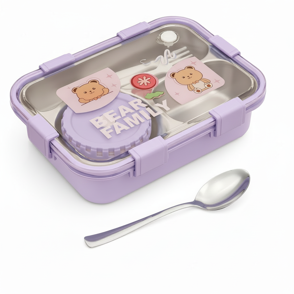 Cute Bear-Themed Kids Stainless Steel Lunch Box - Purple - Image 2