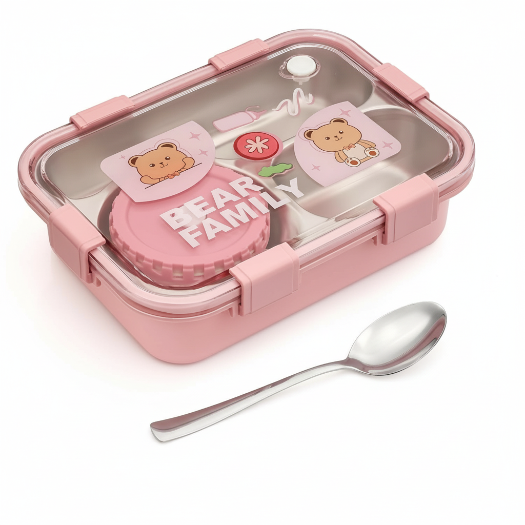 Cute Bear-Themed Kids Stainless Steel Lunch Box – Pink - Image 2