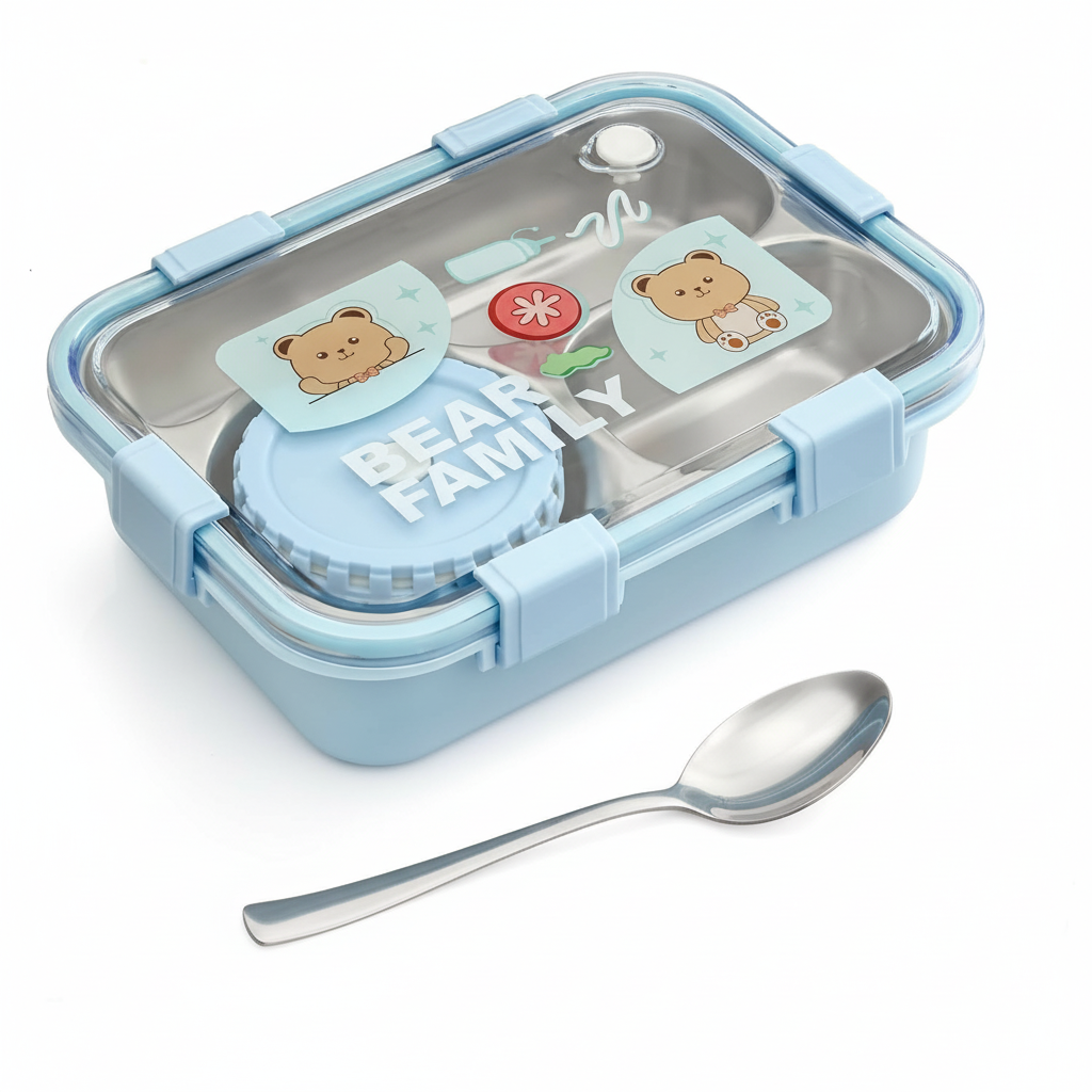 Cute Bear-Themed Kids Stainless Steel Lunch Box – Blue - Image 2