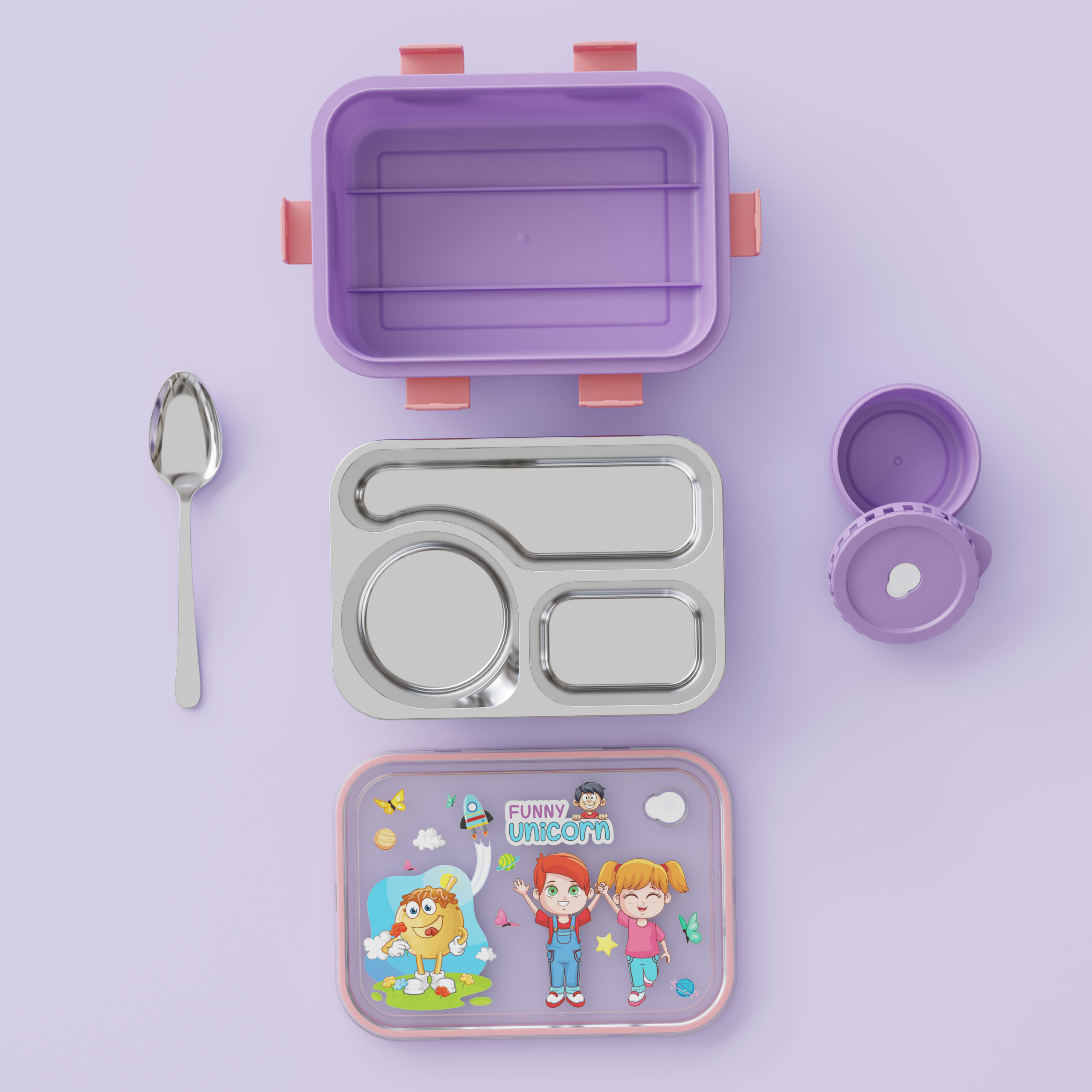 Funny Unicorn Kids Stainless Steel Lunch Box – Purple+Pink - Image 2
