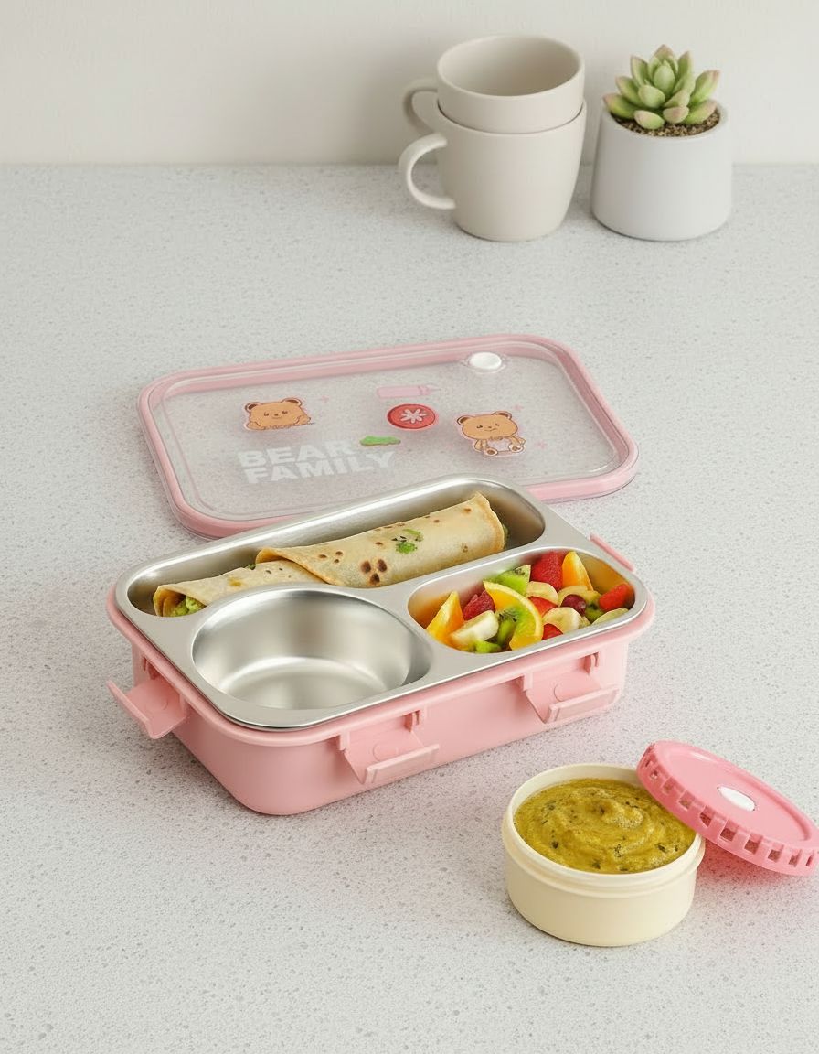 Cute Bear-Themed Kids Stainless Steel Lunch Box – Pink - Image 3