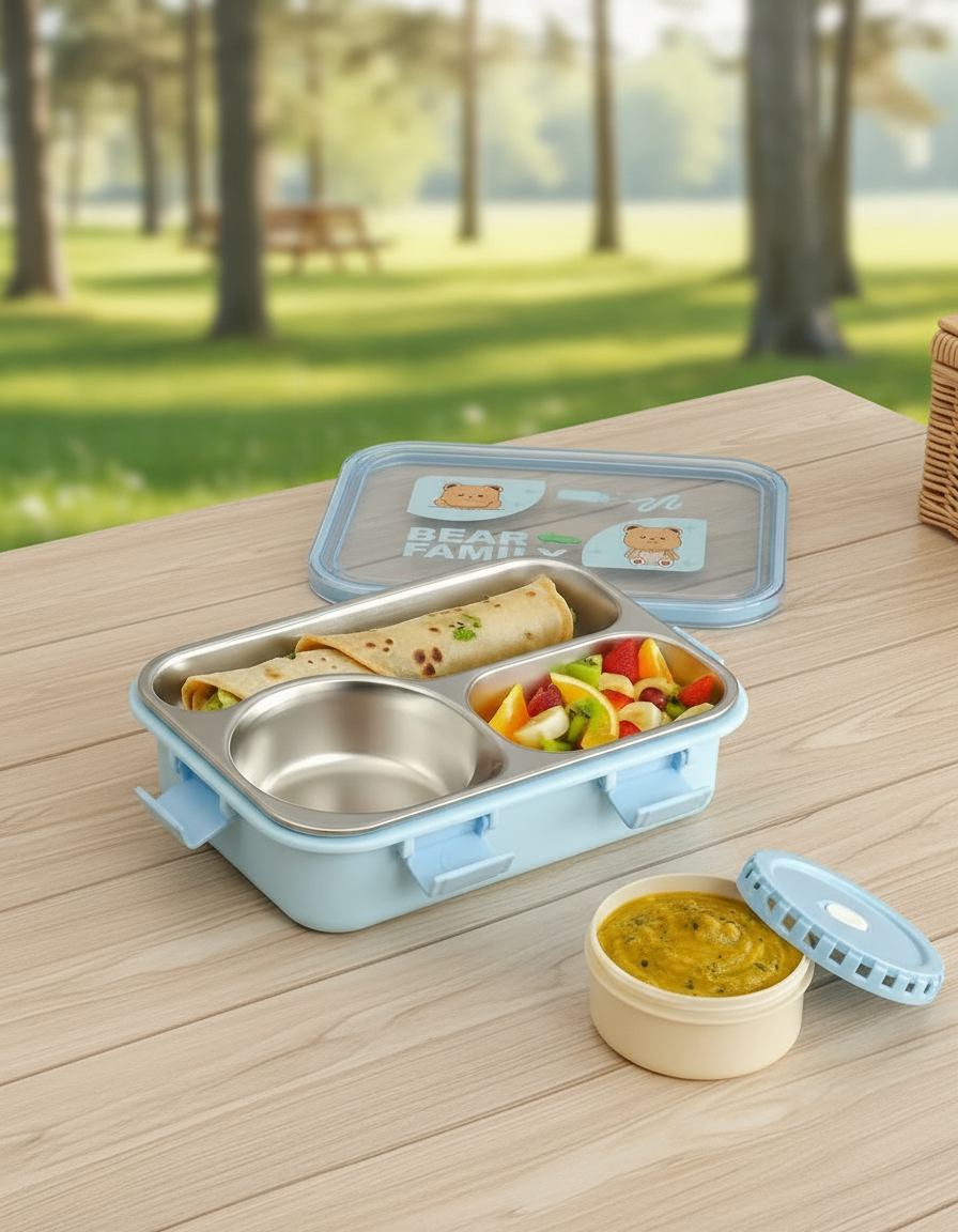 Cute Bear-Themed Kids Stainless Steel Lunch Box – Blue - Image 3