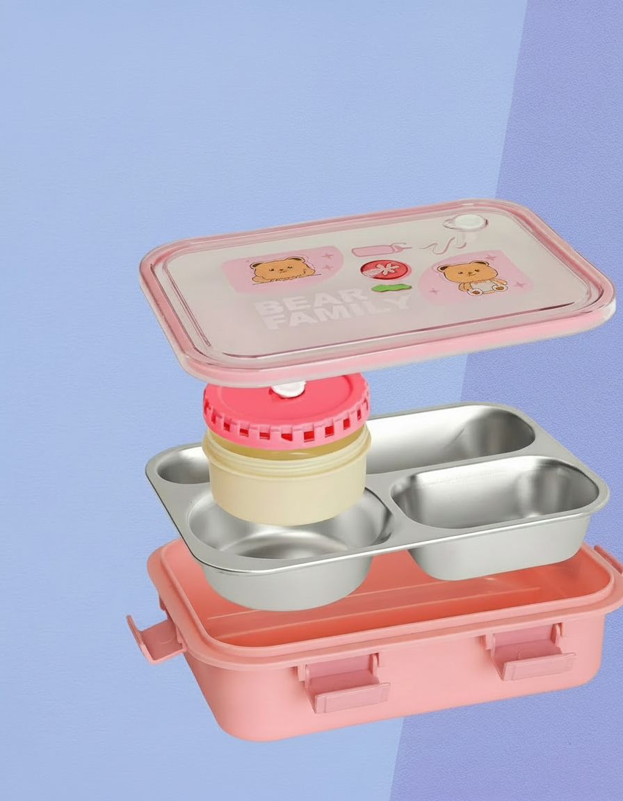 Cute Bear-Themed Kids Stainless Steel Lunch Box – Pink - Image 4