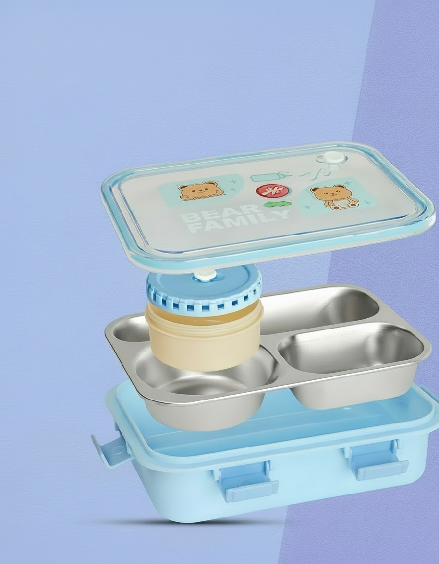 Cute Bear-Themed Kids Stainless Steel Lunch Box – Blue - Image 4