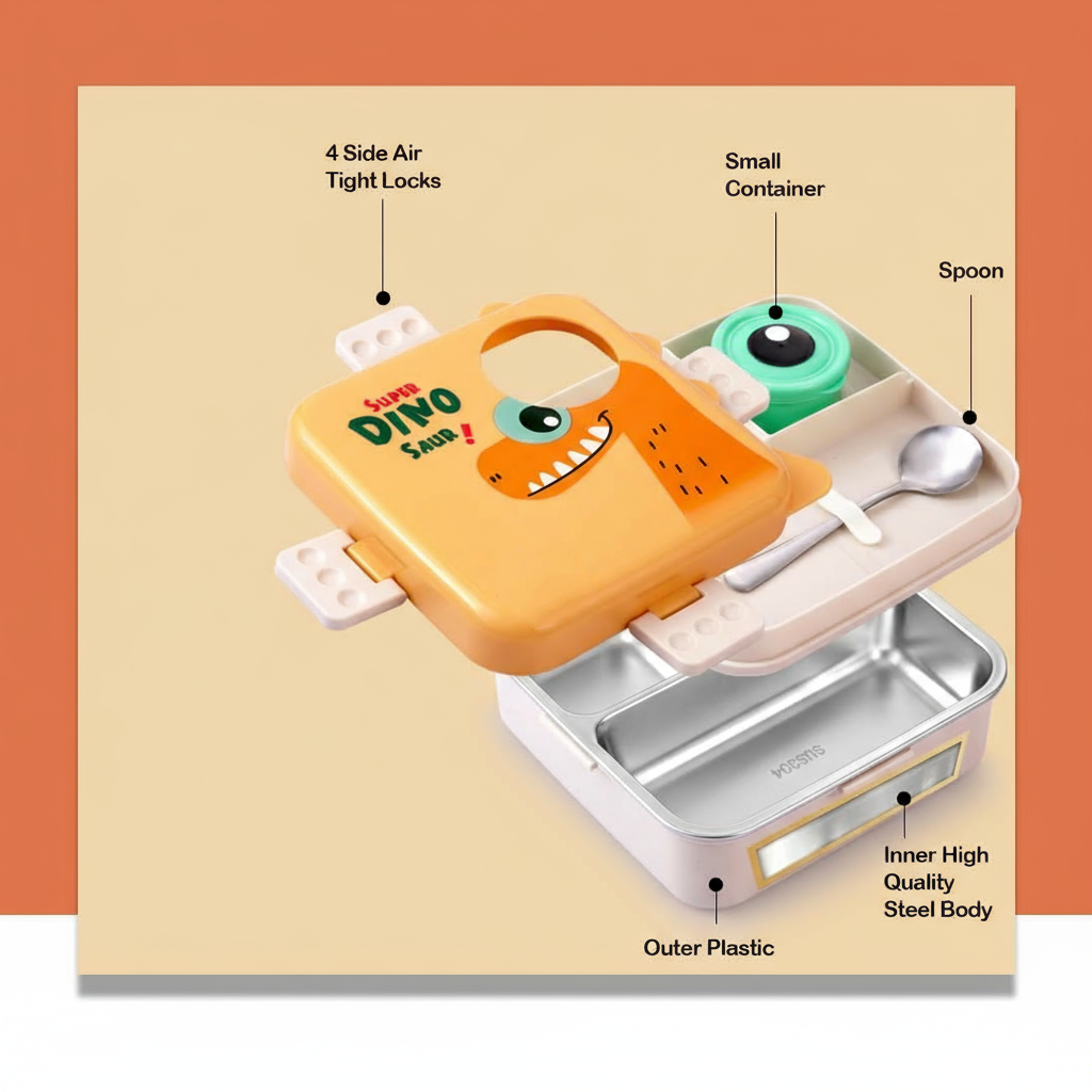 Cartoon Print Lunch box - Yellow Dinosaur Design - Image 6